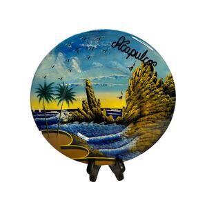 Vintage Acapulco Souvenir Hand Painted 8" Cliff Diver of La Quebrada Wood Plate